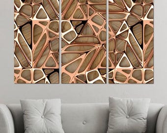 May include: A three-piece abstract wall art set featuring a geometric pattern of overlapping triangles in shades of brown and gold.