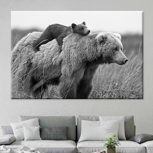 Bear Wall Decor Bear Cub Print Black and White Animal Print Large Photography Wall Hanging Living Room Wall Art Animals Canvas Print