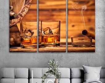 Whiskey Glasses Wall Art, Alcohol drink print, Whiskey and Cigar Canvas Art Man Cave Decor, Bar Wall Art, Scotch Whiskey Decor for Kitchen