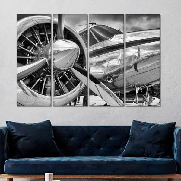 Airplane Closeup Wall Art Black and White Photo Engine Propeller Airplane Canvas Aircraft Wall Decor Multi Panel Travel Print Aviation Decor