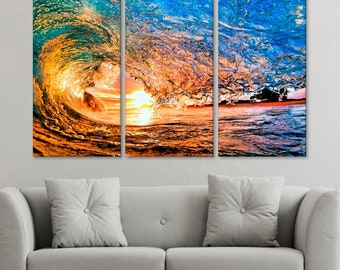 Huge Ocean Wave Ocean Photo Apartment Decor Fine Art Photo Seascape Canvas Large Blue Decor 4 Panel Canvas Sea Wave Picture For BedRoom