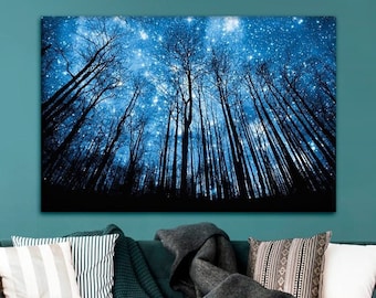 Sternennacht Wand Kunst Landschaft Leinwand Druck Wald Gerahmt Poster Wohnkultur Geschenkidee Hochwertiger Druck