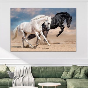 Elegant Horses Black and White Galloping Horses Wall Art Animal Photography Wall Hanging Wild life Big Canvas Print - Comes Ready To Hang