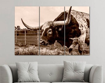 Djurtryck med ko, västerländskt landskap, stor kanvas, kofoto, vardagsrumsväggkonst, vilda djur, poster, cowboy, Texas Rodeo - redo att hängas