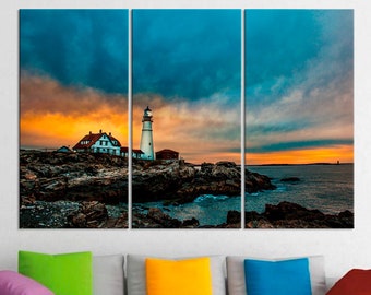 Fotografia del faro di Portland, Maine, Frangiflutti, Faro, Spiaggia, Arte su tela, Panorama, Arte murale, 4 pannelli, Isola, Paesaggio marino