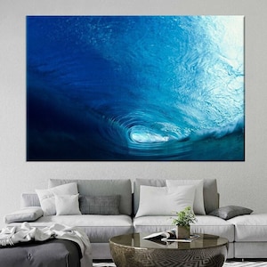 Impresión en lienzo de paisaje marino con olas enormes en el océano, gran decoración azul, arte de surfista, póster de olas de surf