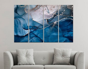 May include: Abstract art print featuring a blue and gold color scheme. The print is divided into four panels, each with a unique design. The panels are arranged in a horizontal row.
