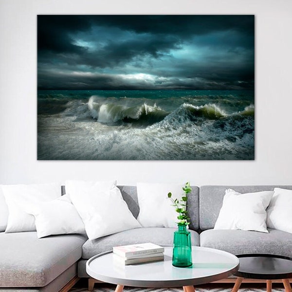 Nuit brumeuse Toile de tempête Art mural Art mural nautique Paysage marin orageuxDécor, Photo Ocean Waves Storm Home Decor- LIVRAISON GRATUITE