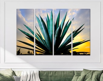 Floral Print Blue Agave wall art Mexico Nature Large Wall Art Landscape Photo Giant Triptych Art Stretched Canvas Kitchen Decor Tequila