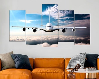 Passenger Airplane Modern Canvas Print, Plane Blue Sky Wall Art, Aircraft Transport Original Artwork, Aviation Pictures Art