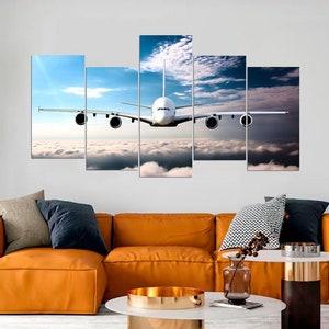Passenger Airplane Modern Canvas Print, Plane Blue Sky Wall Art, Aircraft Transport Original Artwork, Aviation Pictures Art