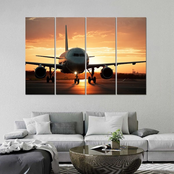 Aircraft Print Aviation Theme Wall Decoration Set Sunset Airplane Paintings Aircraft Photo Airbus Turbine Wall Art Golden Sky Poster