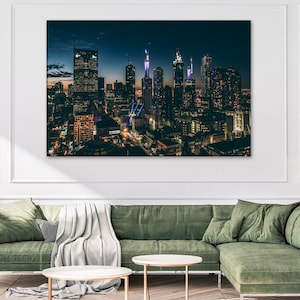 Lienzo con el horizonte de Melbourne, Australia, arte de pared de la ciudad, conjunto de lienzos, decoración australiana, impresión enmarcada, arte de pared panorámico nocturno de Melbourne, listo para colgar