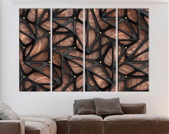 May include: Abstract wall art featuring a geometric pattern of black lines and brown wood. The pattern is repeated across five panels, creating a modern and stylish design.