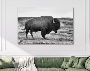 Amerikansk bison Stora canvastavlor Hemmakontorsinredning Väggkonst Stor väggbonad Wyoming Svartvitt tryck Buffelväggkonst Djurtryck