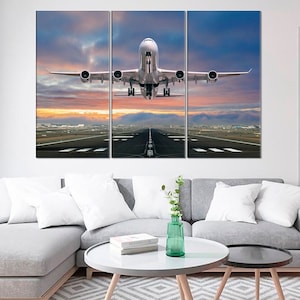 Impressão de aeronave em tela para decoração, foto de aeronave, foto de Airbus, turbina, arte de parede, pôster de céu dourado para sala de estar, pintura com moldura de madeira
