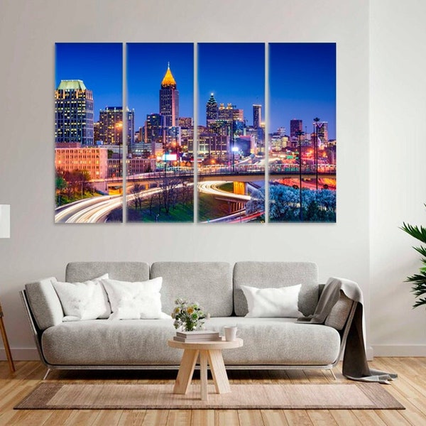 Atlanta Night Canvas Print City Skyline Georgia Art USA Wall Hanging Living Room Wall Art Panoramic Photo Buildings Cityscape Interior Decor