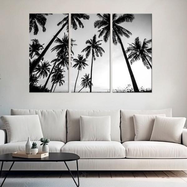 Tropical Palm Trees Large Canvas Print Beach & tropical Wall Art Black and White Photo Stretched Framed Wall Art Canvas Home Decor