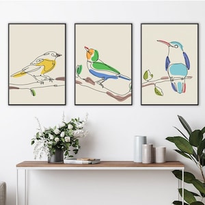 Birds one line art illustration - SET OF 3 bird drawing poster - spring summer design for print Bedroom Wall Art - Téléchargement numérique