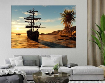 Segelboot Leinwand Wandkunst Tropische Insel Segelschiff Leinwand Gemälde Kriegsschiffe Leinwanddruck Nautik Wohnkultur Geschenkidee-Ready To Hang