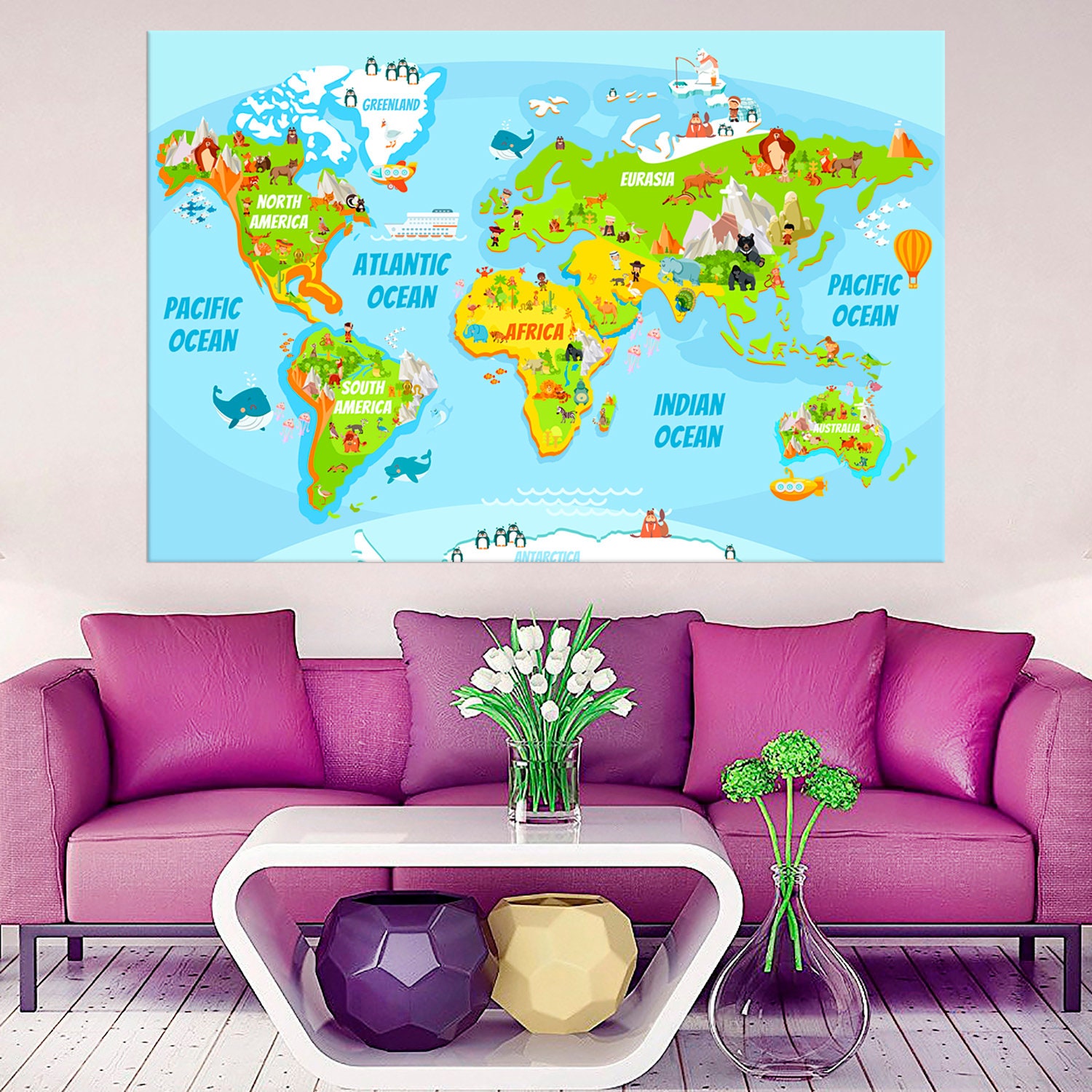 Kids World Map Childrens Wall Art Christmas Gift Nursery Room Etsy