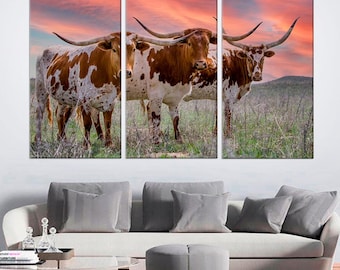 Texas Longhorn em um pasto Animal Print Fotografia Fine Art Decoração de parede de fazenda Foto do Texas para pendurar na parede - Pronto para pendurar