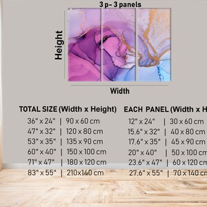 May include: A three-panel abstract art print with purple, blue, and gold hues. The print is available in various sizes, with the total size ranging from 36 inches by 24 inches to 83 inches by 55 inches. Each panel measures between 12 inches by 24 inches and 27.6 inches by 55 inches.