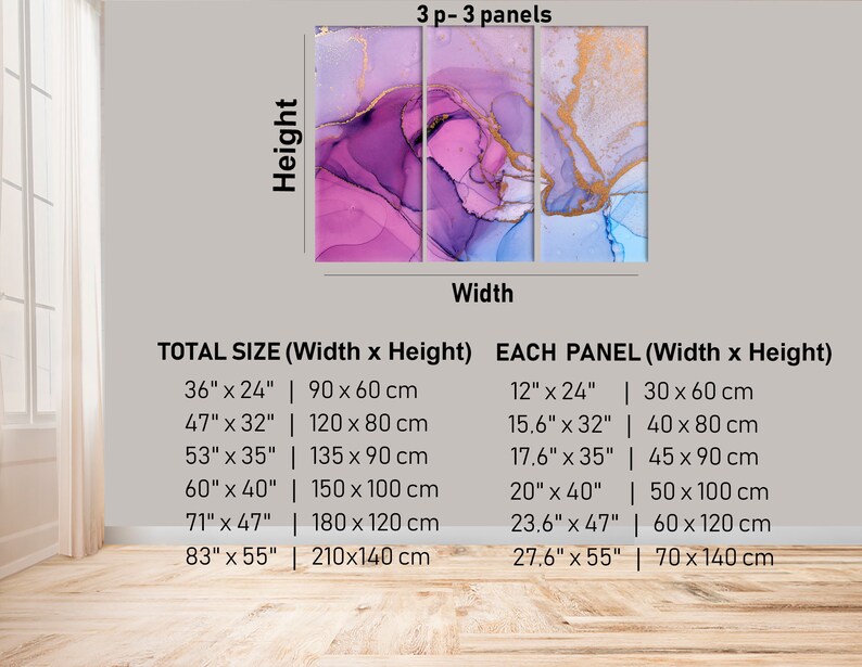 May include: A three-panel abstract art print with purple, blue, and gold hues. The print is available in various sizes, with the total size ranging from 36 inches by 24 inches to 83 inches by 55 inches. Each panel measures between 12 inches by 24 inches and 27.6 inches by 55 inches.
