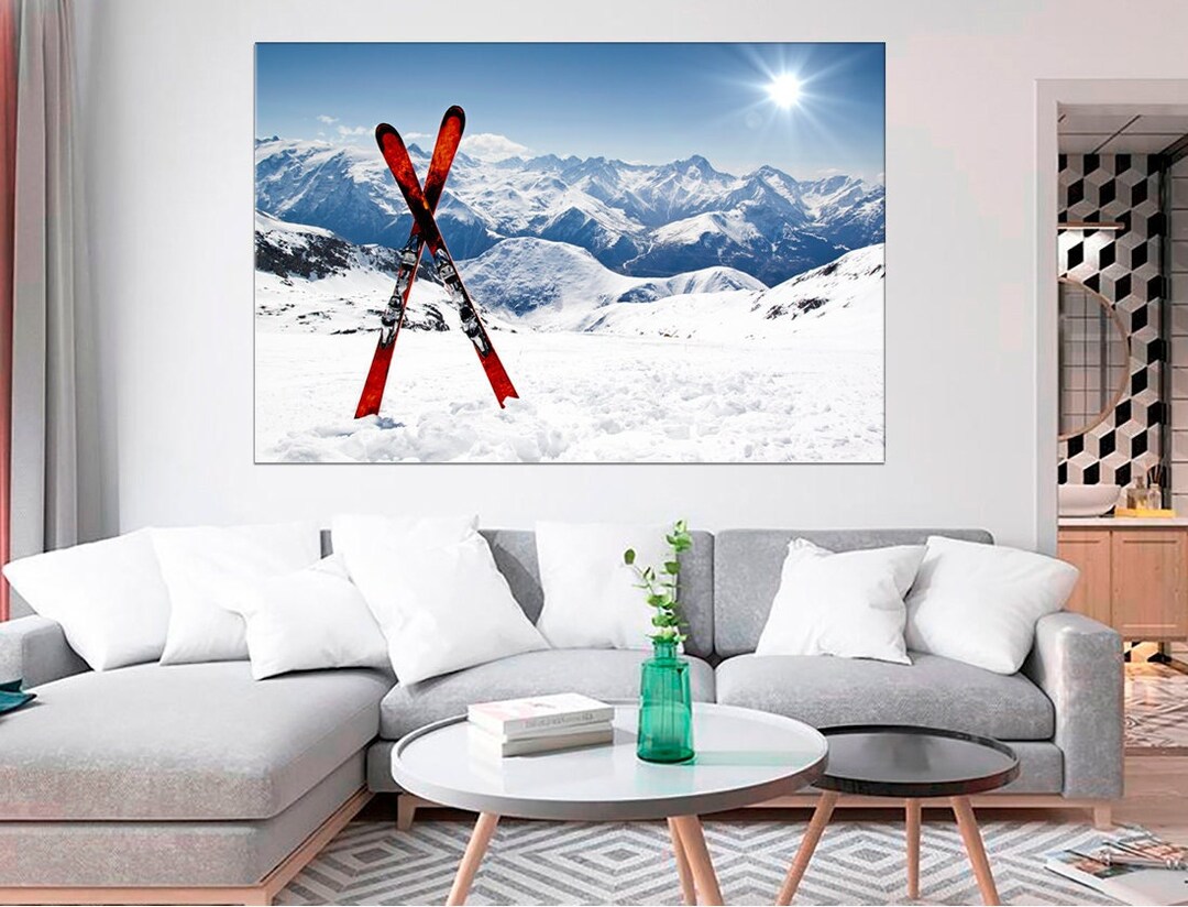 Skis in Snow Mountain Landscape Wooden Skis Photo Print Wall Decor Snow ...