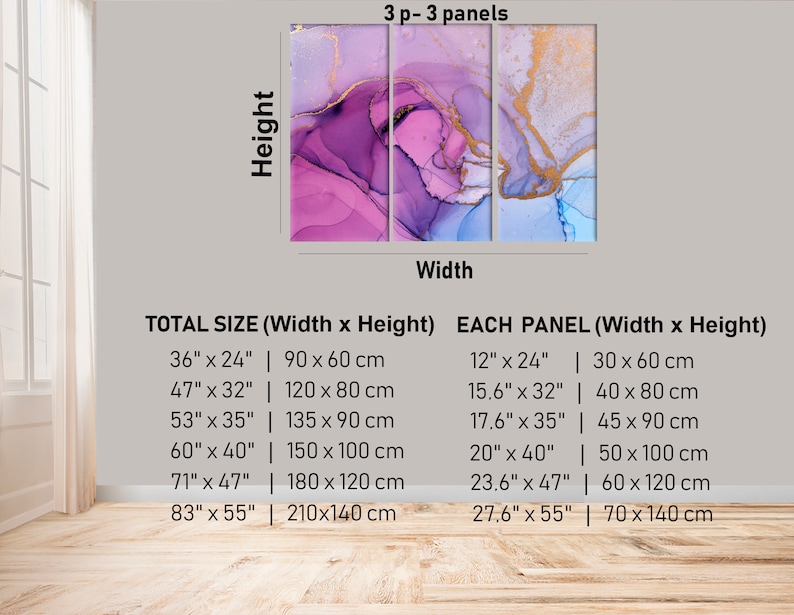 Puede incluir: Una impresi&oacute;n de arte abstracto de tres paneles con tonos morados, azules y dorados. La impresi&oacute;n est&aacute; disponible en varios tama&ntilde;os, con un tama&ntilde;o total que var&iacute;a de 91 cm por 61 cm a 211 cm por 140 cm. Cada panel mide entre 30 cm por 61 cm y 70 cm por 140 cm.