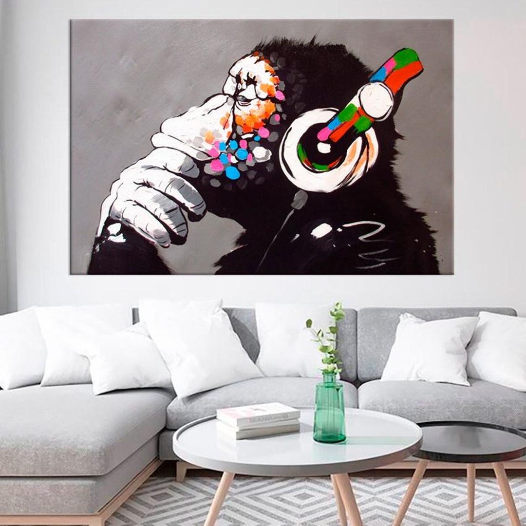 Dj Monkey in Headphones Framed Music Wall Decor Thinking Monkey