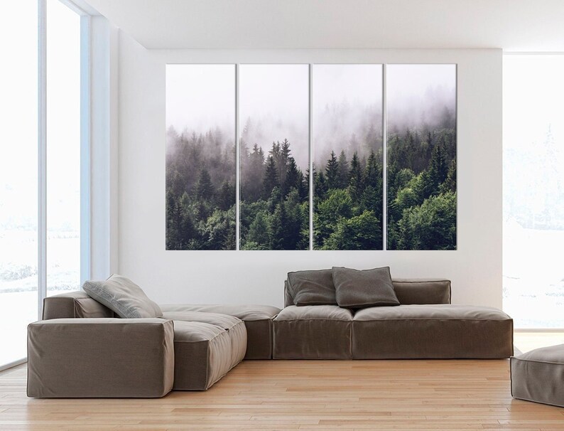 May include: A panoramic photograph of a misty forest with lush green trees. The image is split into five sections, creating a modern art feel.