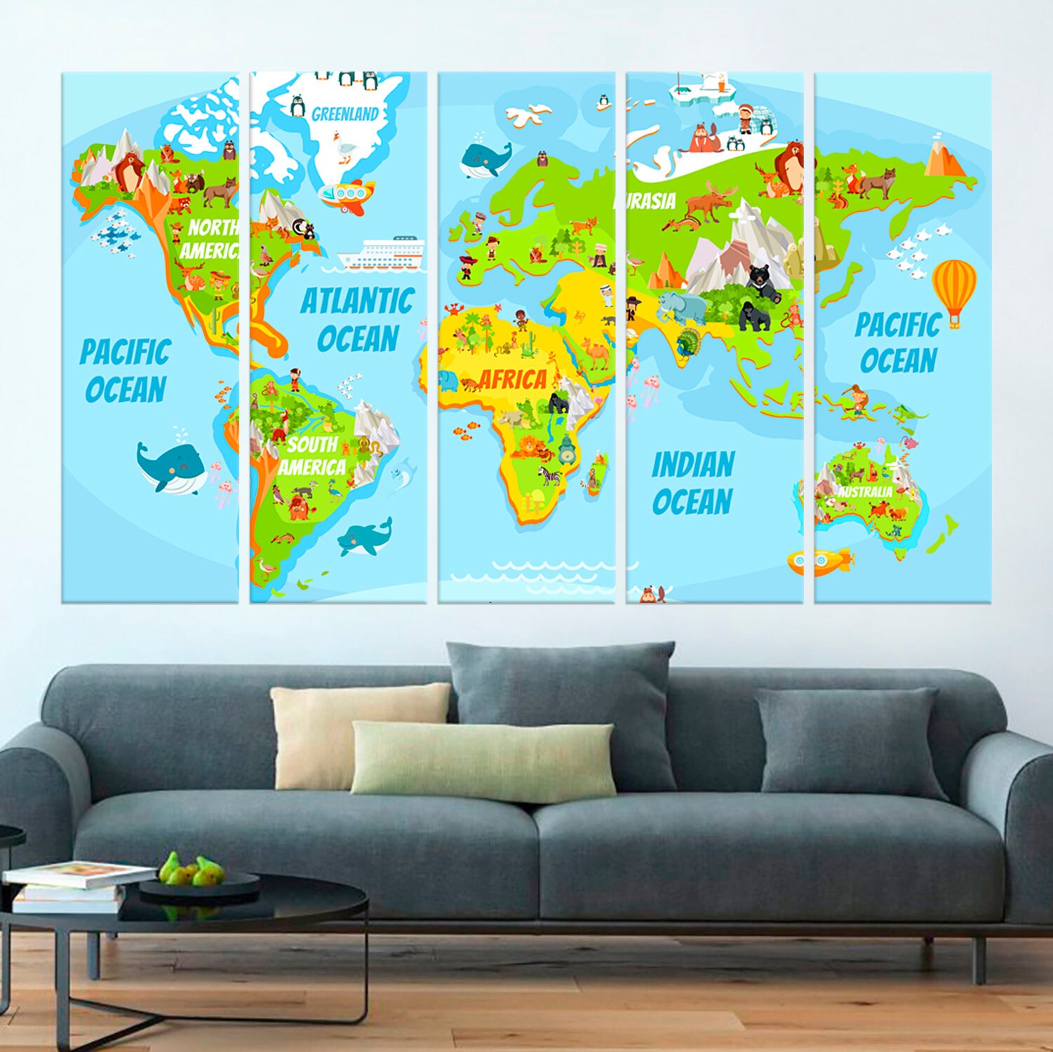 Kids World Map Childrens Wall Art Christmas Gift Nursery Room Etsy