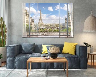Paris Balcony View Wall Art, Eiffel Tower Canvas Print, France Romantic Parisian Home Decor, French Cityscape