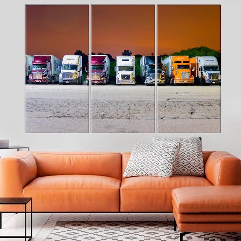 Framed Rucks Truck Wall Art Car Posters for Boys Room Tractor-trailer Trucks Parked ...