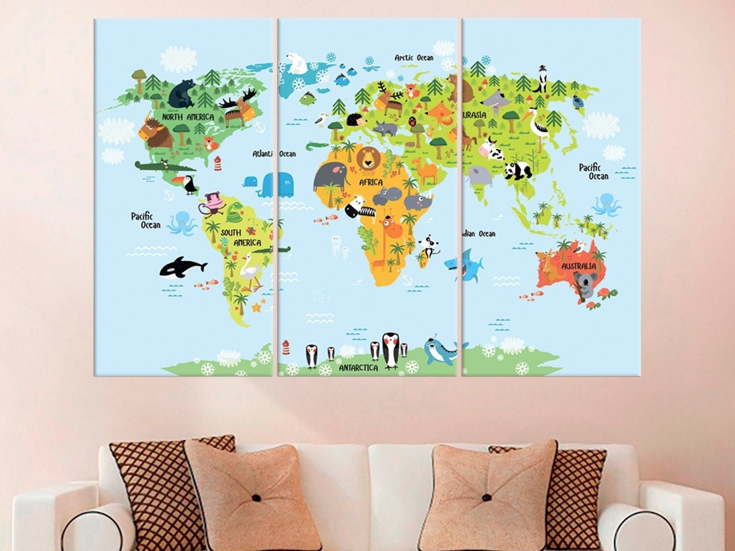 Kids World Map Nursery Room Decor Childrens Wall Art Canvas Etsy