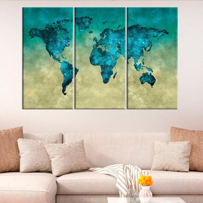 World Map Watercolor Bright Wall Art Large Greenishblue Etsy