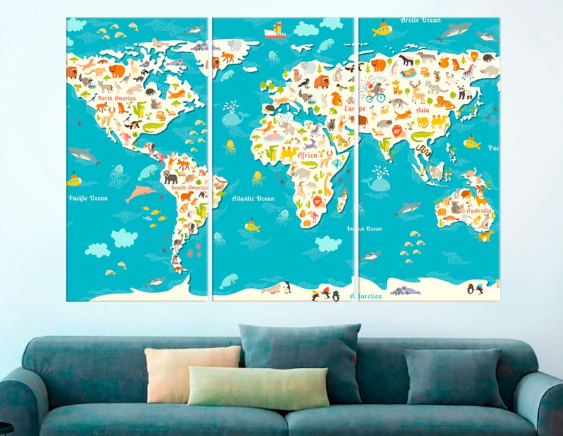 Animal World Map Childrens Wall Art Kids Room Decor Nursery World Map Canvas World Map Print Large Canvas Print Baby World Map Animal Decor