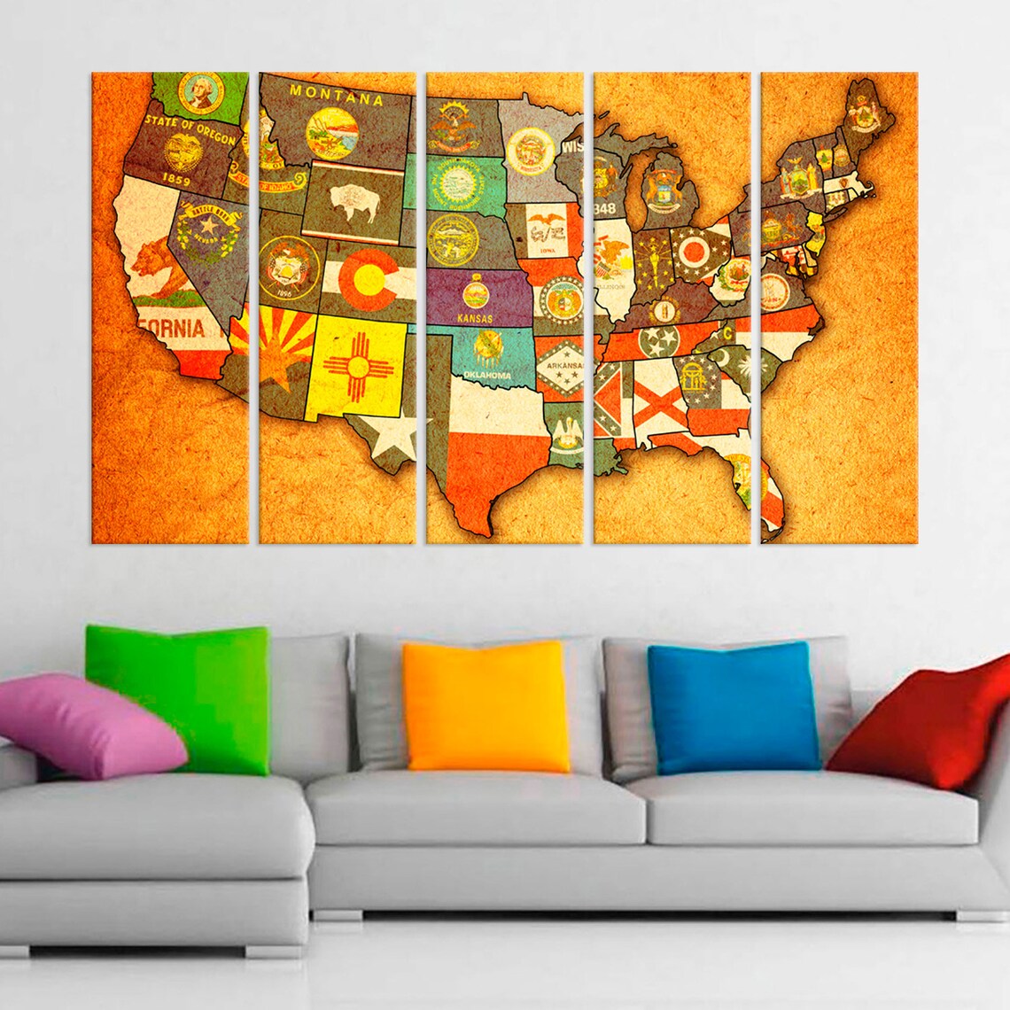 USA Map Canvas Print Political Map 3 Panels Wall Art Home Etsy