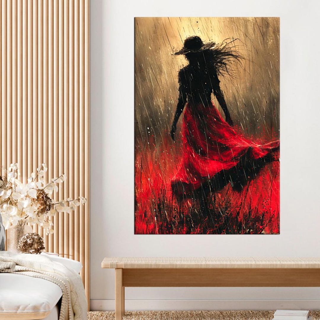 Woman in Red Dress, Abstract Rainy Art Print, Red Dress in Rain, Canvas ...