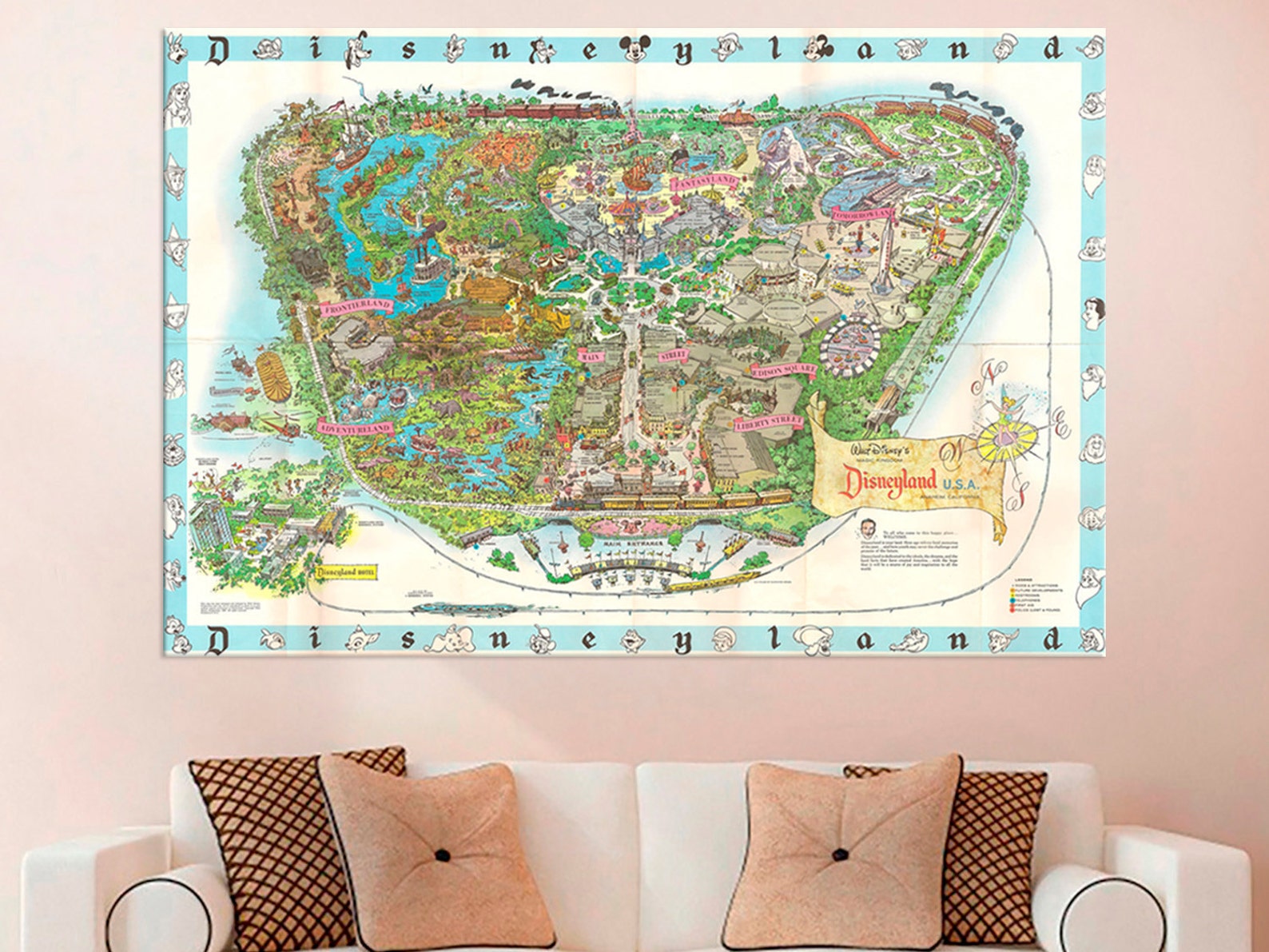 Disneyland Map Wall Art Retouched Vintage Cartoon Map Disney Etsy
