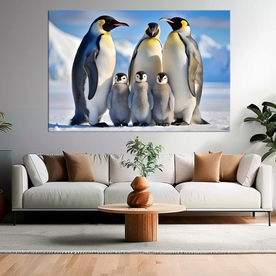 Arctic Penguins Large Canvas Print, Cozy Animal Artwork, Snowy