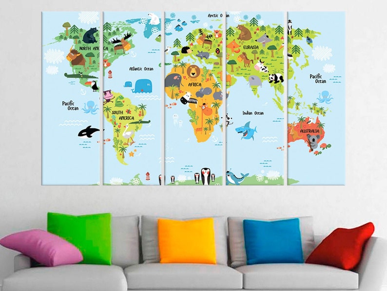 Kids World Map Nursery Room Decor Childrens Wall Art Canvas Etsy