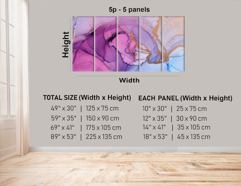 Puede incluir: Una impresi&oacute;n de arte abstracto de cinco paneles con colores rosa, morado y azul y acentos dorados. La impresi&oacute;n est&aacute; disponible en varios tama&ntilde;os, con un tama&ntilde;o total que va de 49 pulgadas por 30 pulgadas a 89 pulgadas por 53 pulgadas. Cada panel mide entre 10 pulgadas por 30 pulgadas y 18 pulgadas por 53 pulgadas.
