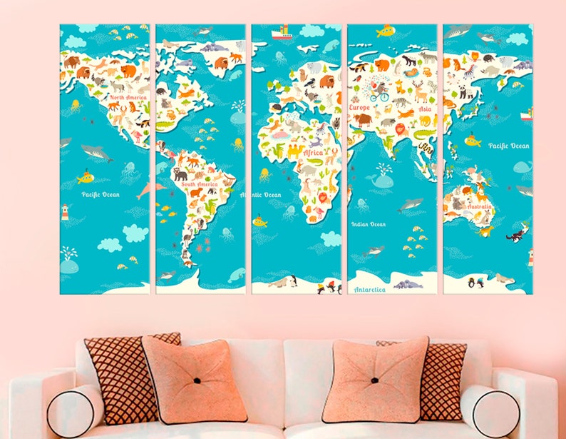 Animal World Map Childrens Wall Art Kids Room Decor Nursery World Map Canvas World Map Print Large Canvas Print Baby World Map Animal Decor
