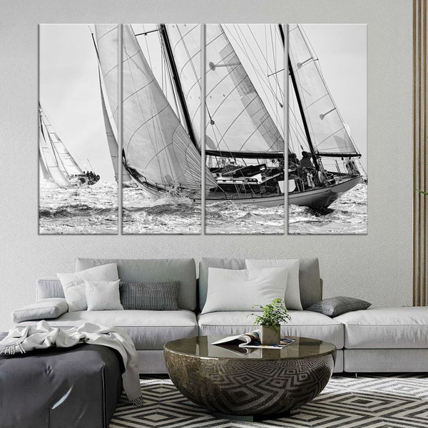 Sailing Ship Black White Photo Nautical Wall Decor Yacht Wall Art Ocean Canvas Print Sailing Regatta Horizon Cloud Sky