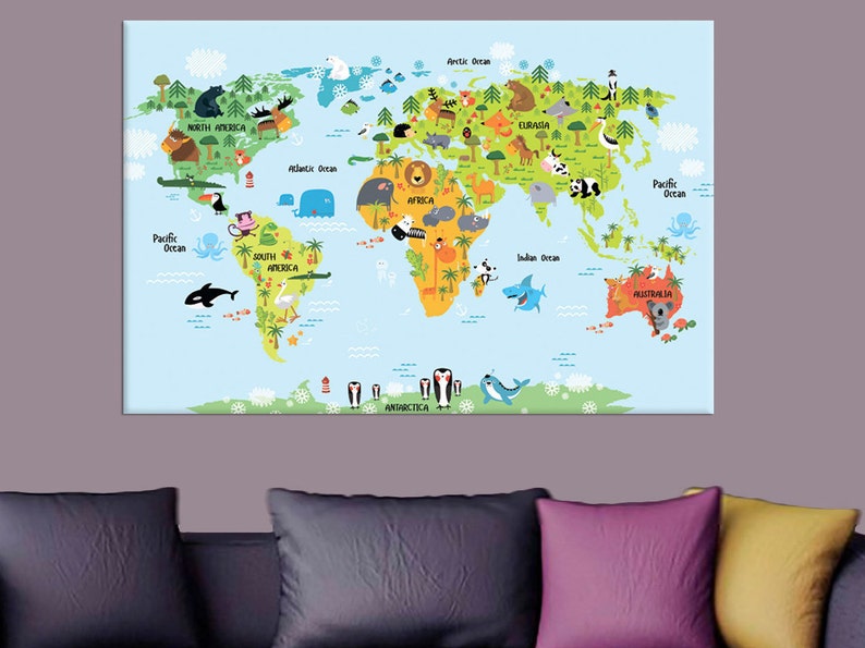 Kids World Map Nursery Room Decor Childrens Wall Art Canvas Etsy