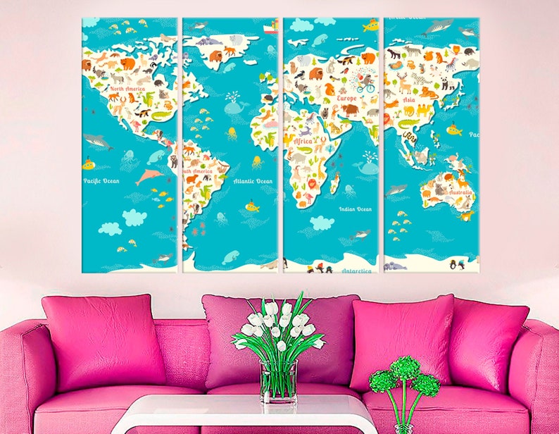 Animal World Map Childrens Wall Art Kids Room Decor Nursery World Map Canvas World Map Print Large Canvas Print Baby World Map Animal Decor