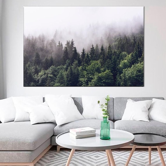 Foggy forest Large Wall Art Mountain Forest Canvas Prints Landscape Photo Spruce Forest Tree Misty Nordic Interior decor
