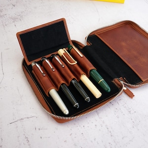 Zippered 5 Slot Leather Fountain Pen Case | Pen Holder in 7 Colors